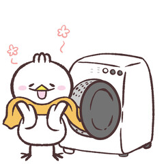 ドラム式洗濯機で洗濯する白い鳥のイラスト