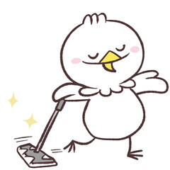 フローリングワイパーで床を拭く白い鳥のイラスト