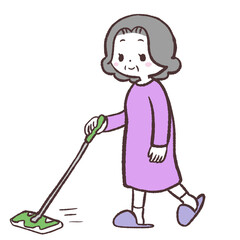 フローリングワイパーで床を拭くシニア女性のイラスト