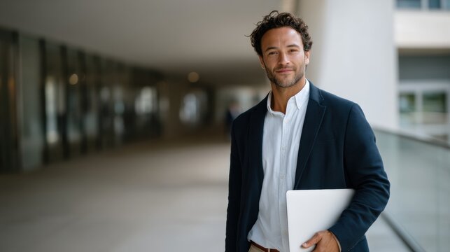 Young professional man with laptop under arm walking through modern office corridor, confident expression and business casual attire conveying focus and approachability