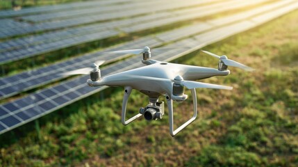 Aerial view of a drone flying above solar panels showcasing renewable energy technology and modern innovation in sustainable energy solutions during sunset.