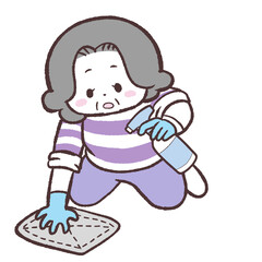 床を拭くシニア女性のイラスト