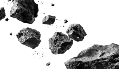 Gray rocks and debris scattered in space
