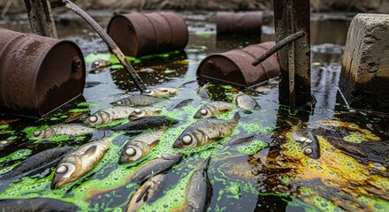Polluted Waterway - Dead Fish Floating Amidst Rusty Barrels and Toxic Waste.