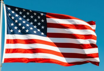Obraz premium National flag of United States of America waving against a clear blue sky, mounted on a silver flagpole, showcasing national identity, symbolism, and patriotic presence. U.S.A Flag.