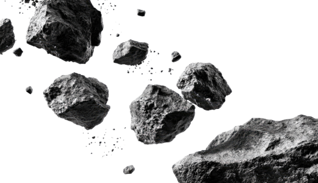 Gray rocks and debris scattered in space