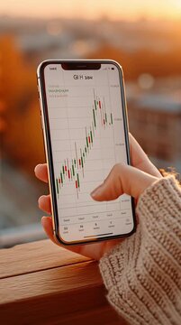 Woman holding smartphone displaying stock market chart with rising graph. Financial trading application for investment analysis, footage.