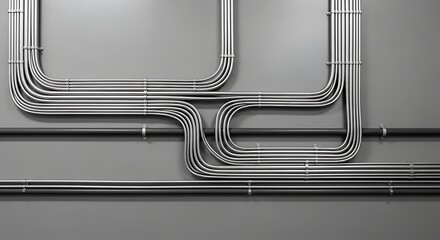 Industrial metal conduit piping system on a gray wall