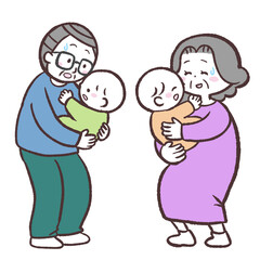 双子を抱っこするシニアのイラスト