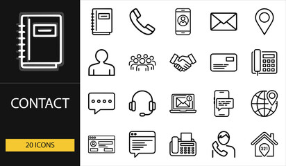 Thin line contact icons set of 20 vector symbols including phone, email, person, address, headset, chat, profile, globe, website, and communication design