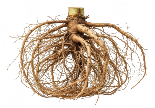 Intricate plant root system brown isolated on a transparent background