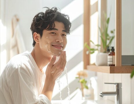 Man washing face in bathroom with running water and soap.