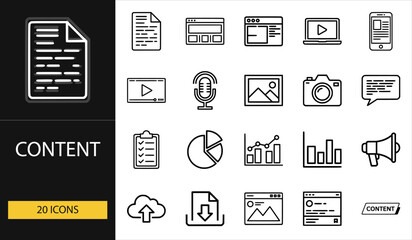 Thin line content icons set of 20 vector symbols including document, video, image, microphone, graph, cloud, upload, download, and media file design