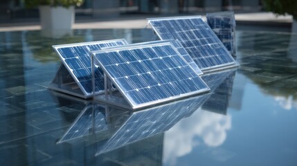 Solar panels reflect sunlight on a tranquil surface, showcasing renewable energy technology and modern design in a clean and eco-friendly environment.
