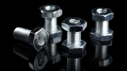 Close-Up of Metallic Nuts and Bolts with Reflective Surface on Black Background Displaying Industrial Hardware and Fasteners for Mechanical Applications
