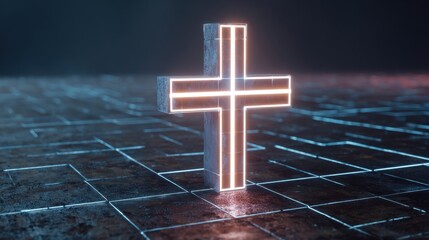 Illuminated Cross on a Dark Background, Symbolizing Faith and Spirituality in a Modern Digital Art Style with Neon Effects and Artistic Presentation
