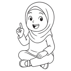 Simple outline drawing of a smiling Muslim girl or student wearing a hijab while sitting cross-legged and pointing upward, suggesting a good idea or question, great for educational and Islamic themes.