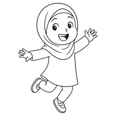 Simple outline drawing of a happy Muslim girl or child wearing a hijab while jumping excitedly with her arms open, great for educational, Islamic, and children's themes, and coloring pages.