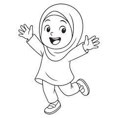 Simple outline drawing of a happy Muslim girl or child wearing a hijab while jumping excitedly with her arms open, great for educational, Islamic, and children's themes, and coloring pages.