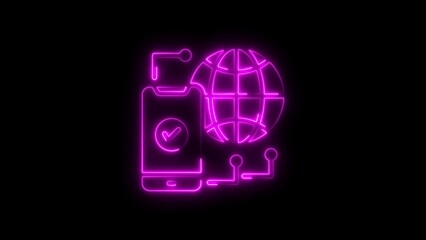 Neon illustration of global connection and mobile verification on black background