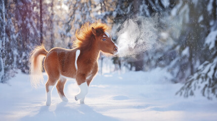 Obraz premium A small foal with a red mane and tail plays in the winter forest. A small horse with a snoring and a thump walks through the winter forest. A pony or a small foal in the middle of a snowy landscape