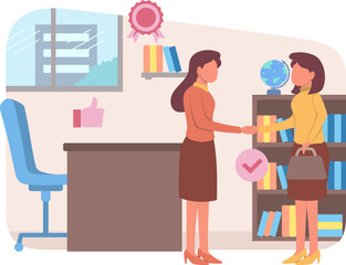 Brown Haired Women Shaking Hands Near Bookshelves in Office