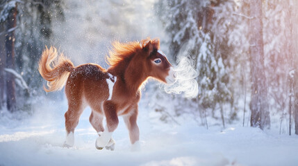 A small foal with a red mane and tail plays in the winter forest. A small horse with a snoring and a thump walks through the winter forest. A pony or a small foal in the middle of a snowy landscape