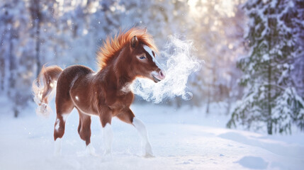 A small foal with a red mane and tail plays in the winter forest. A small horse with a snoring and a thump walks through the winter forest. A pony or a small foal in the middle of a snowy landscape