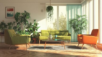Fototapeta premium Modern living room design featuring green houseplants and stylish sofas.