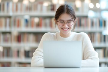 Smiling Scholar Engaged: A radiant young woman, absorbed in the screen of her laptop, enjoys a peaceful moment in the sanctuary of a library, surrounded by the wisdom of countless books.