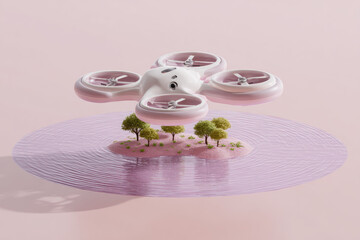Futuristic drone hovers above small island with green trees, calm water, and pink background, symbolizing innovation, technology, and environmental care
