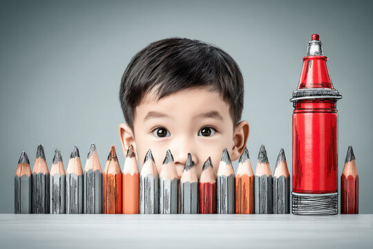Curious Asian child peeking over colorful pencils and large red marker, creative studio background, playful and imaginative mood, close up portrait