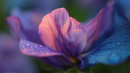 Delicate purple flower petals covered in glistening water droplets macro image