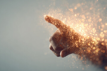 Asian hand pointing with glowing golden particles floating in air, studio shot, magical and futuristic atmosphere, creative concept, close up, soft lighting, imaginative energy