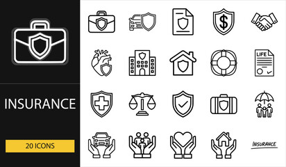 Thin line insurance icons set of 20 vector symbols including shield, handshake, house, family, car, health, heart, and financial protection design