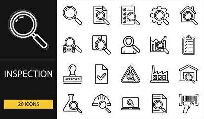 Thin line inspection icons set of 20 vector symbols including magnifier, report, checklist, document, factory, barcode, and quality control design