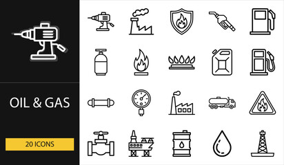 Thin line oil and gas icons set of 20 vector symbols including fuel, pipe, valve, barrel, platform, flame, factory, and petroleum industry design