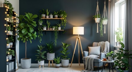 Stylish green-themed living room with sunlight