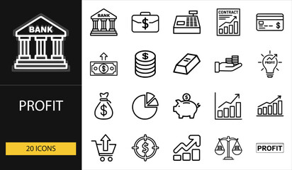 Thin line profit icons set of 20 vector symbols including graph, chart, coin, bag, money, growth, target, balance, and business success design