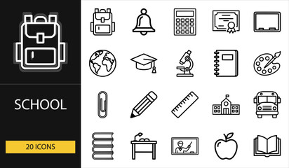 Thin line school icons set of 20 vector symbols including book, backpack, bell, pencil, ruler, board, bus, and education learning design