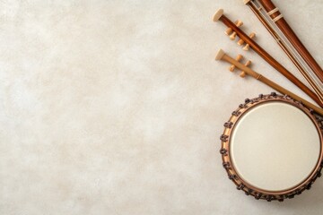 Timeless Melodies: An overhead perspective showcases a captivating ensemble of classical musical instruments, meticulously arranged on a textured, elegant canvas.