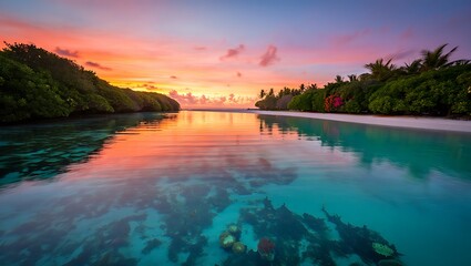 Tropical paradise landscape with stunning sunset over crystal clear lagoon water