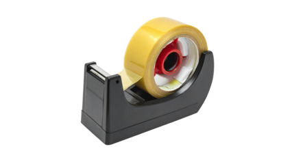 An isolated black metal adhesive tape dispenser with a roll of tape is a common business object and equipment