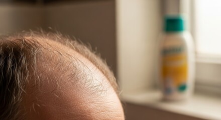 Close-up of Balding Scalp with Hair Loss, Medication Bottle in Soft Focus.