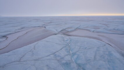 Vast frozen landscape with cracks and open water under a pale sky