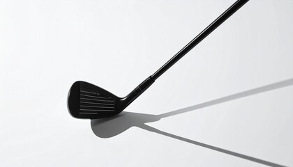 Describe a close-up of a golf iron with visible grooves, angled head, and diagonal shaft casting a shadow on a white surface. Highlight its design, structure, and relevance to golf performance.