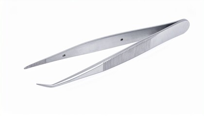 Describe metallic precision tweezers with pointed tips and textured grip, placed on a reflective surface. Highlight their sleek design, fine control, and relevance to beauty, medical, or tech use.