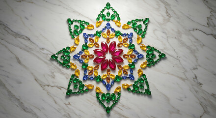 Intricate Mandala Pattern Created with Multi Colored Gemstones and Jewels Symmetrical Floral Design Featuring Rubies Emeralds and Sapphires on White Marble Background Luxurious Spiritual Art Concept f