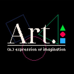 Typography of "Art" with meaning with three shapes in RGB Color, Pixel Art Illustration