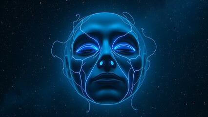 A surreal floating mask with glowing blue veins against a cosmic backdrop, symbolizing sleep apnea's silent epidemic.